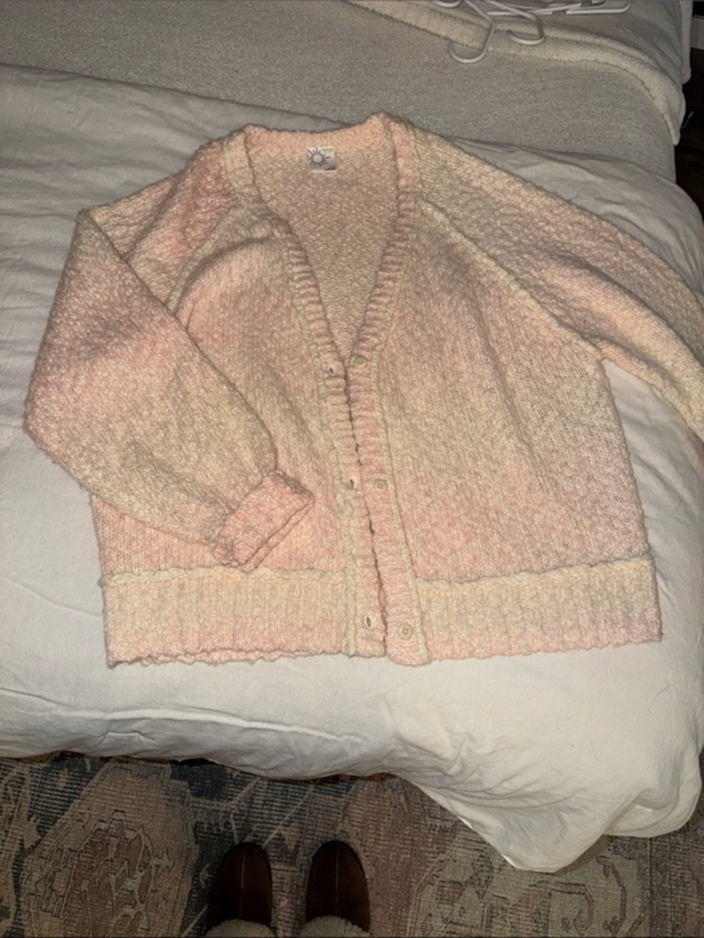 aerie Pastel Pink Bouclé Button Cardigan